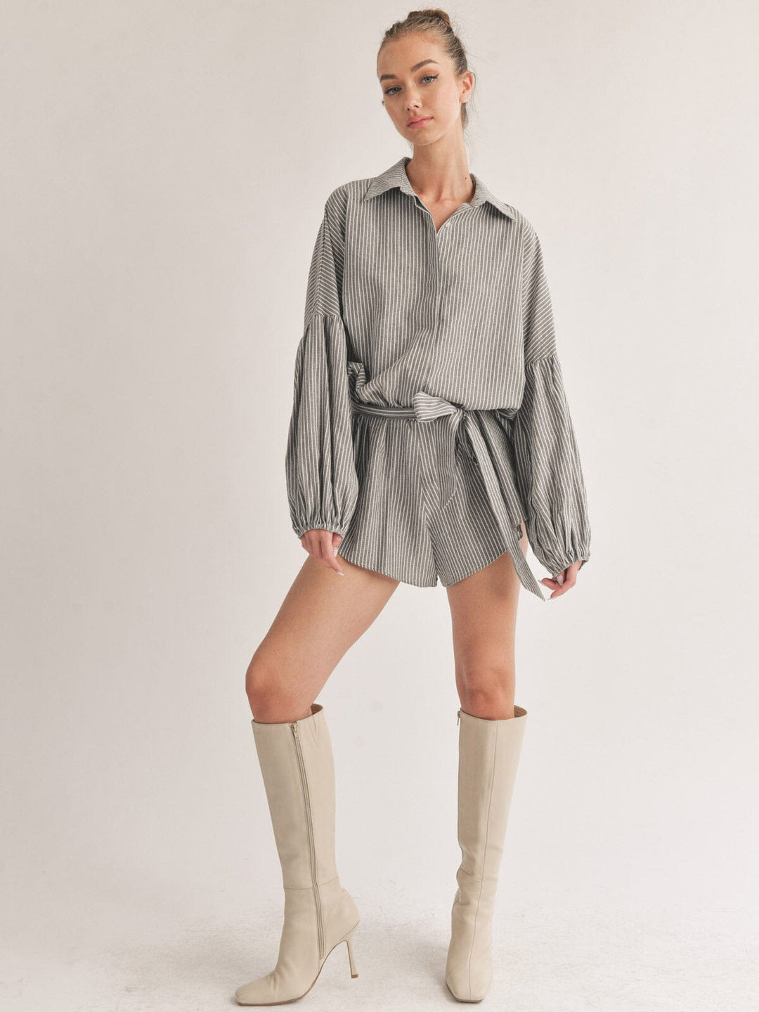 WOMEN'S LONG SLEEVE BUTTON UP SELF TIE STRIPES ROMPER