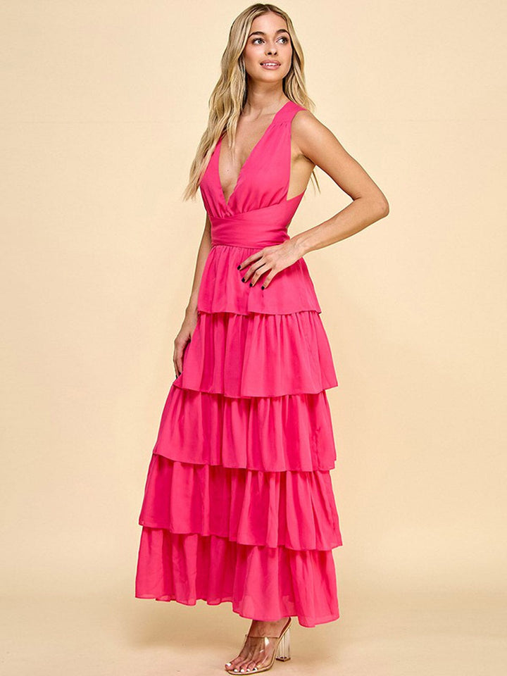 WOMEN'S SLEEVELESS V-NECK OPEN BACK RUFFLE TIERED MAXI DRESS