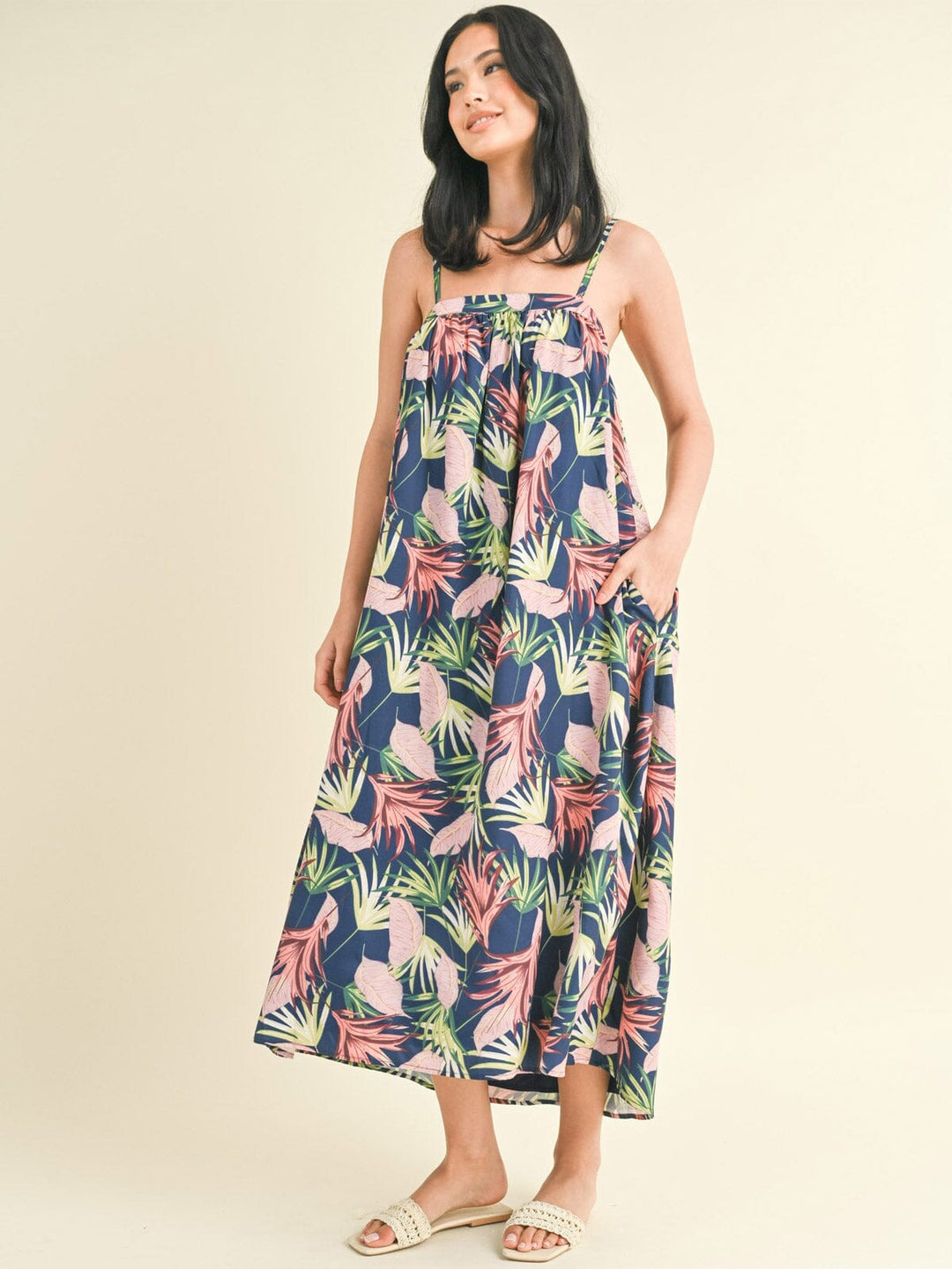 WOMEN'S SLEEVELESS POCKETS FLORAL TUNIC MAXI DRESS