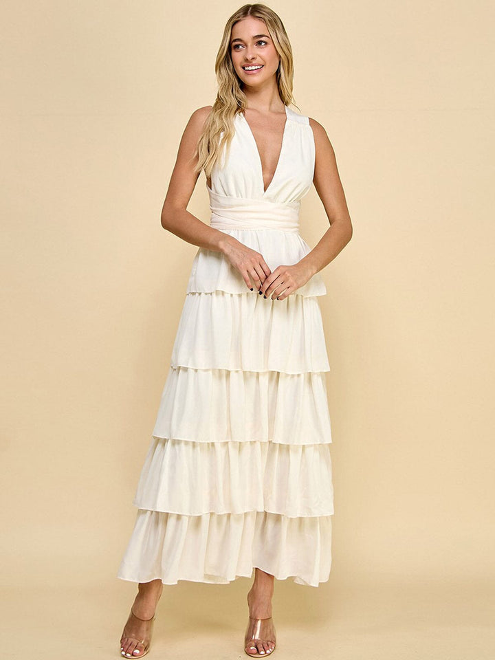 WOMEN'S SLEEVELESS V-NECK OPEN BACK RUFFLE TIERED MAXI DRESS