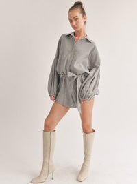 WOMEN'S LONG SLEEVE BUTTON UP SELF TIE STRIPES ROMPER