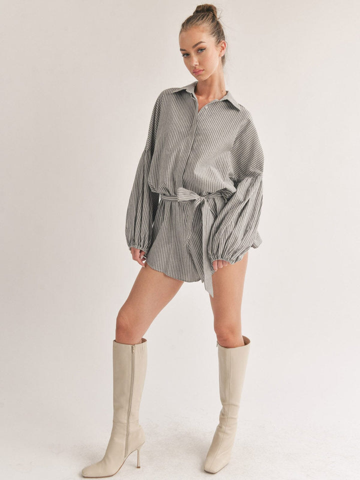 WOMEN'S LONG SLEEVE BUTTON UP SELF TIE STRIPES ROMPER