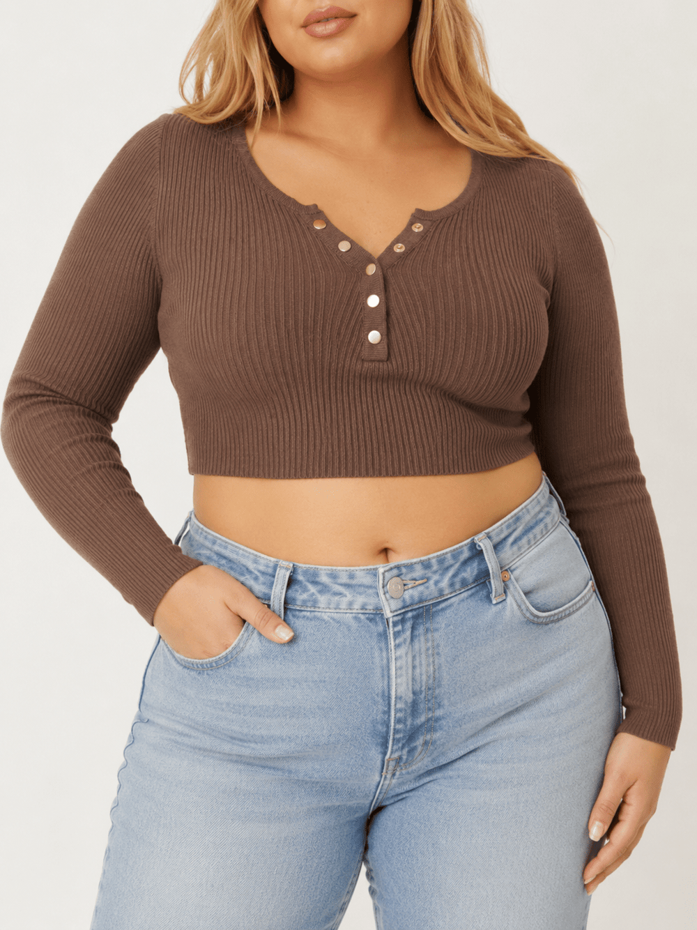 PLUS SIZE LONG SLEEVE BUTTON CLOSURE RIBBED CROP TOP