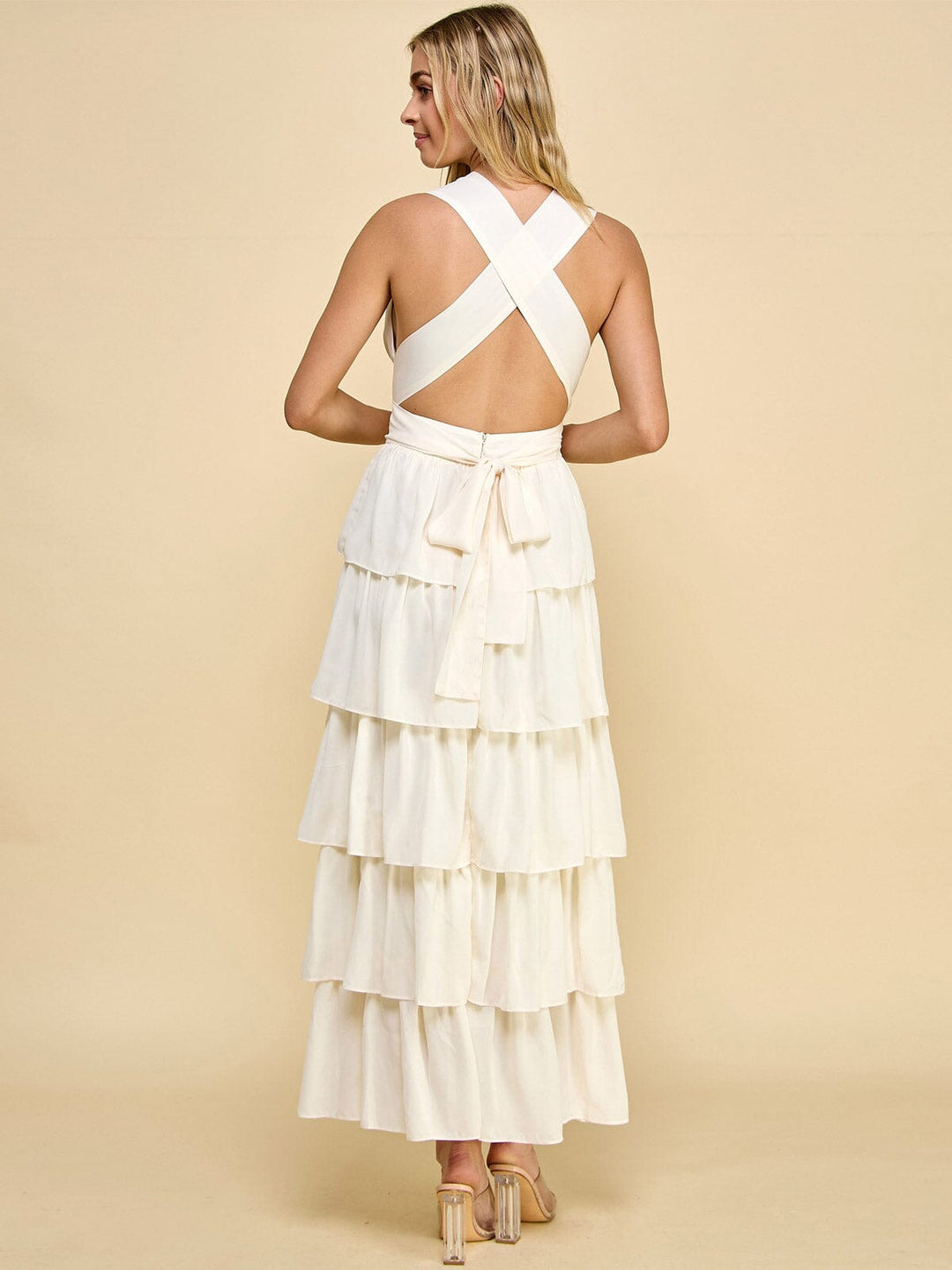 WOMEN'S SLEEVELESS V-NECK OPEN BACK RUFFLE TIERED MAXI DRESS