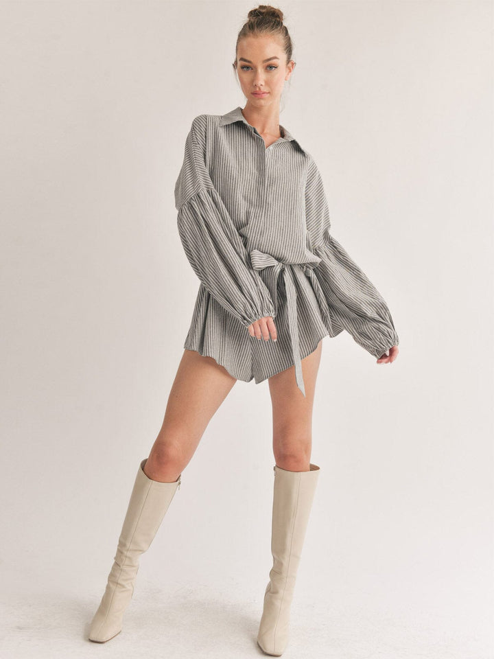 WOMEN'S LONG SLEEVE BUTTON UP SELF TIE STRIPES ROMPER