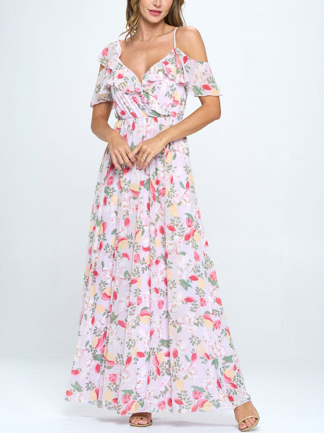 WOMEN'S COLD SHOULDER RUFFLE FLORAL MAXI DRESS