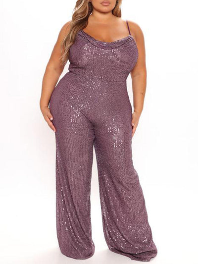 PLUS SIZE SLEEVELESS COWL NECK SEQUINS JUMPSUIT