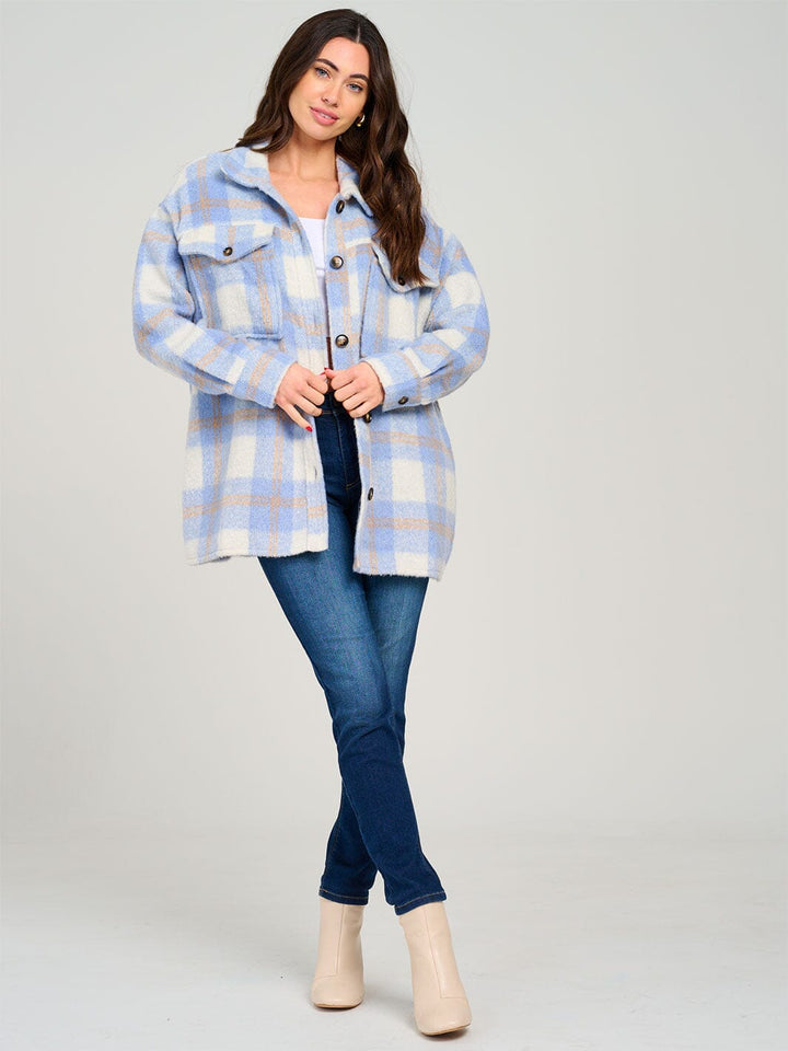 WOMEN'S LONG SLEEVE BUTTON UP FRONT POCKETS PLAID JACKET