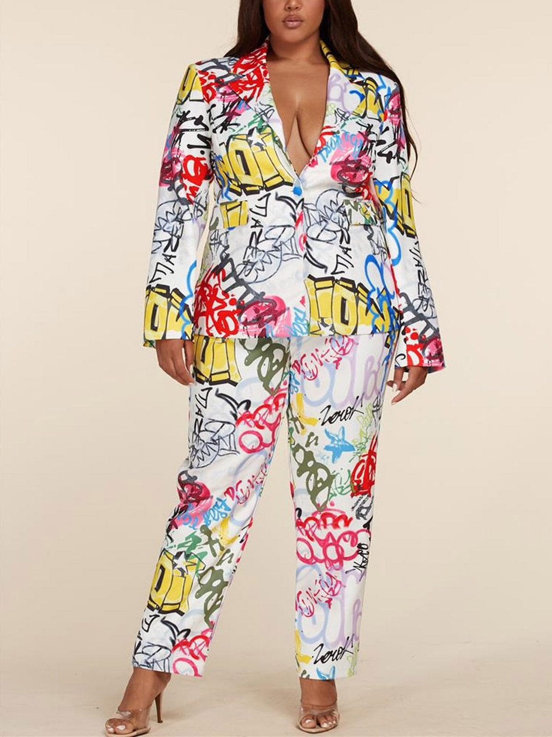 PLUS SIZE LONG SLEEVE BLAZER & PANTS MULTI PRINT SET