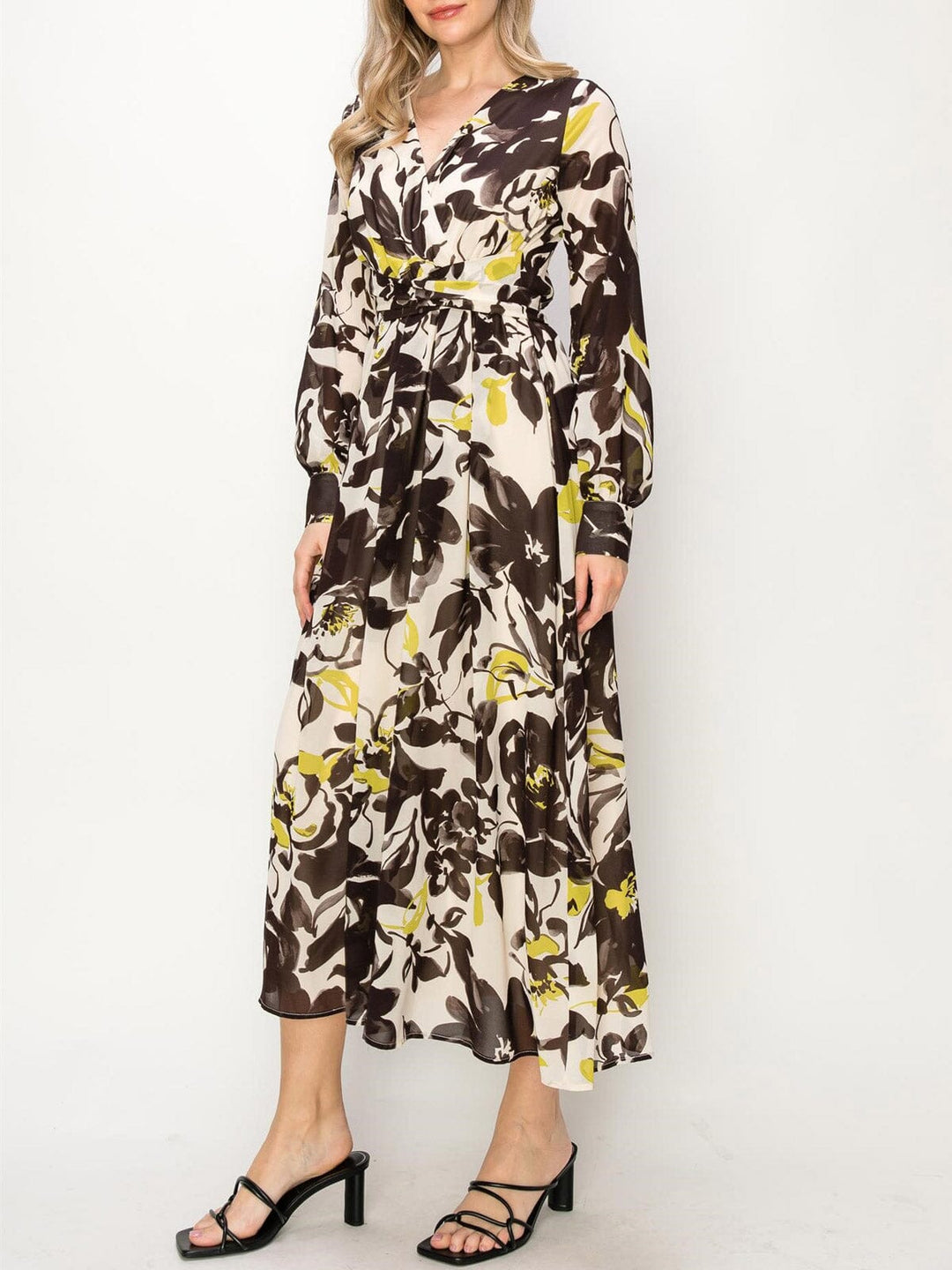 WOMEN'S LONG SLEEVE FLORAL PRINT SURPLICE MAXI DRESS