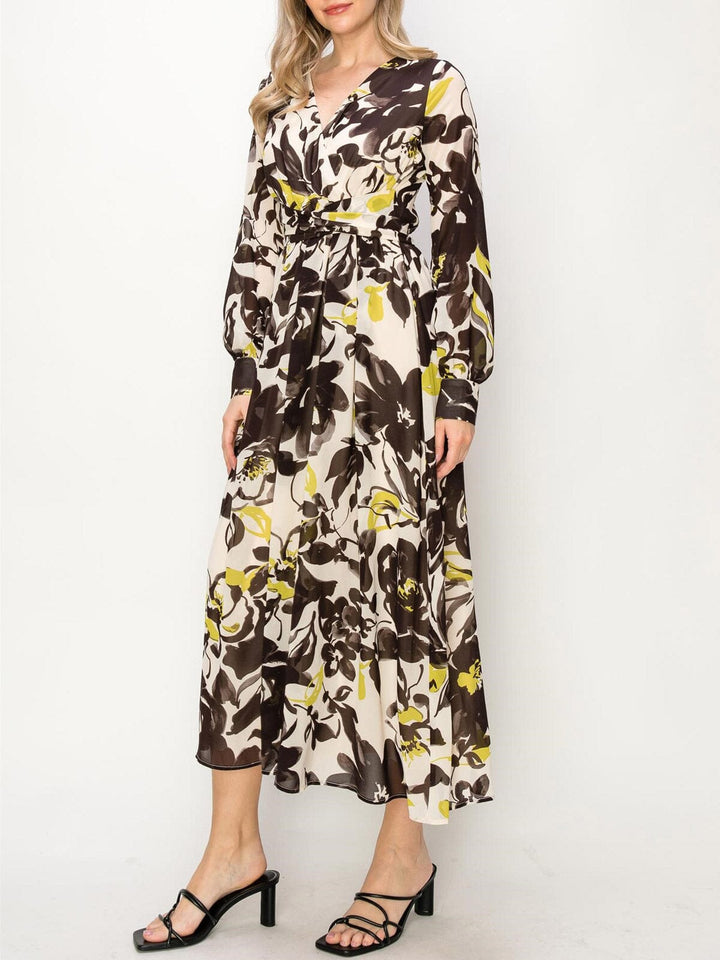 WOMEN'S LONG SLEEVE FLORAL PRINT SURPLICE MAXI DRESS