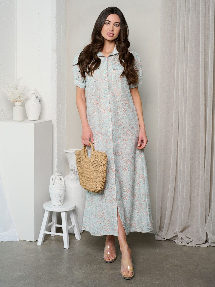 WOMEN'S SHORT SLEEVE BUTTON UP COLLAR FLORAL DETAILED MAXI DRESS