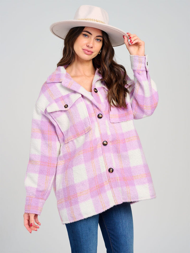 WOMEN'S LONG SLEEVE BUTTON UP FRONT POCKETS PLAID JACKET