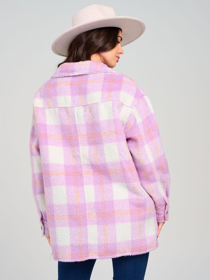 WOMEN'S LONG SLEEVE BUTTON UP FRONT POCKETS PLAID JACKET