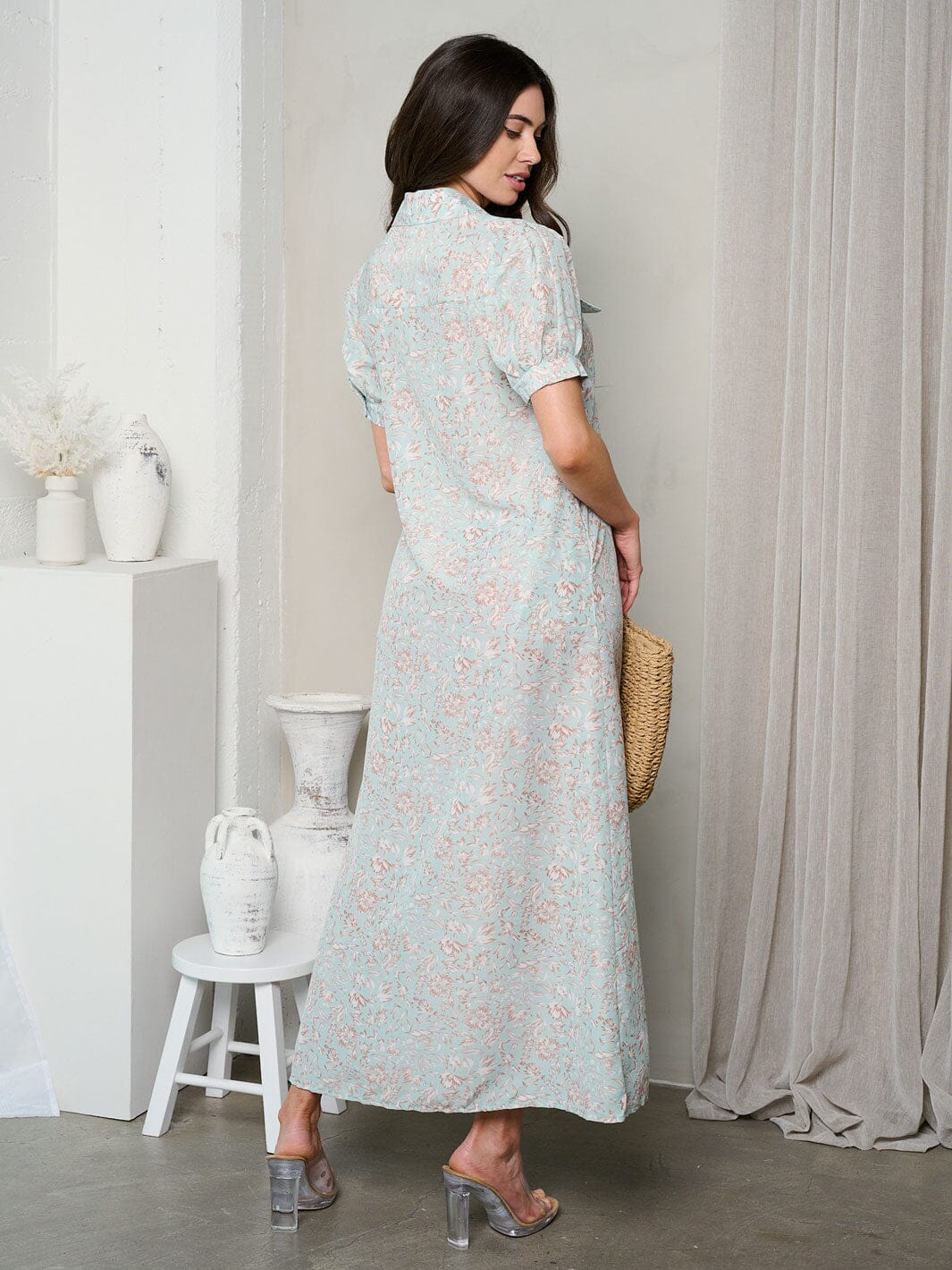 WOMEN'S SHORT SLEEVE BUTTON UP COLLAR FLORAL DETAILED MAXI DRESS