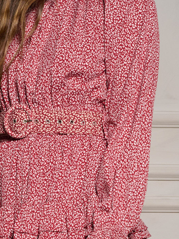 WOMEN'S LONG SLEEVE BELTED TIERED ANIMAL PRINT MINI DRESS