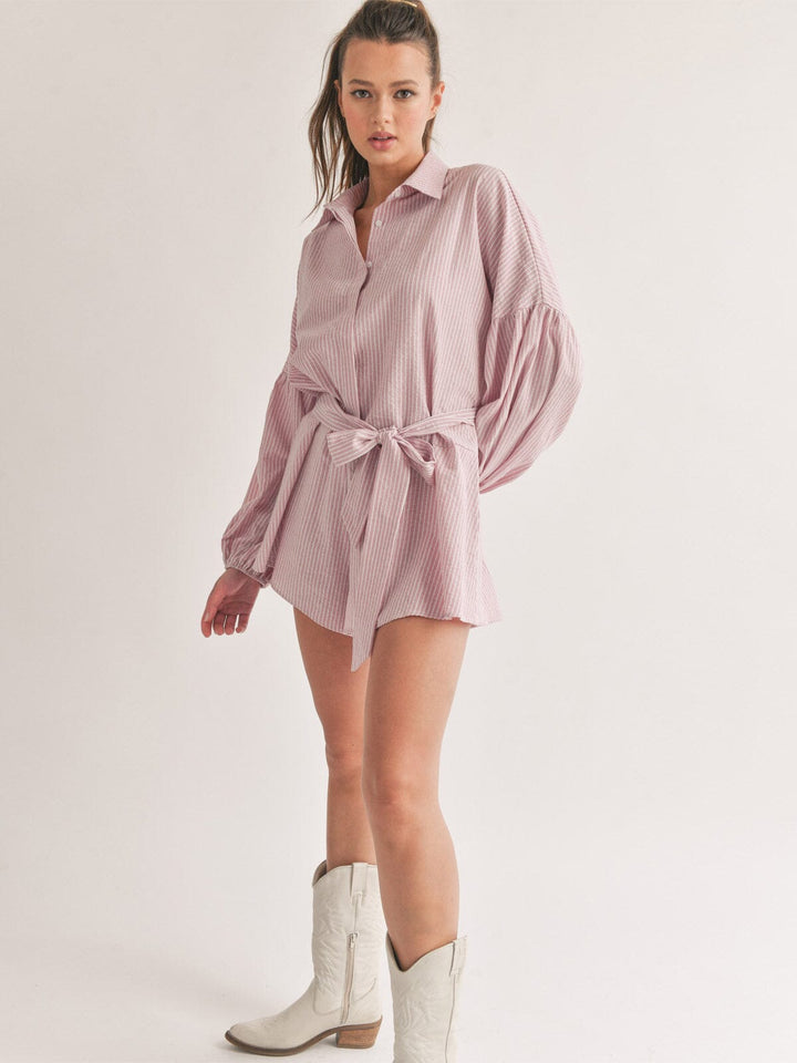 WOMEN'S LONG SLEEVE BUTTON UP SELF TIE STRIPES ROMPER