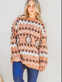WOMEN'S LONG SLEEVE MULTI PRINT PULLOVER SWEATER