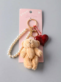FASHION TEDDY BEAR HEART AND PEARL PENDANT KEYCHAIN
