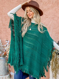 WOMEN'S TRIM FINGE PULLOVER KNIT PONCHO