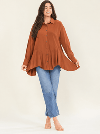ENTRO WOMEN'S LONG SLEEVE BUTTON UP PEPLUM BLOUSE