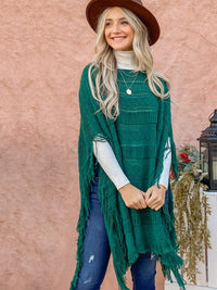 WOMEN'S TRIM FINGE PULLOVER KNIT PONCHO