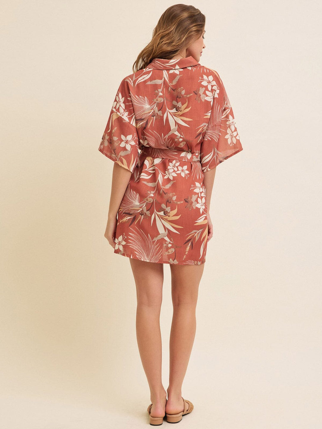 WOMEN'S SHORT SLEEVE BUTTON UP BELTED FRONT POCKETS FLORAL MINI DRESS