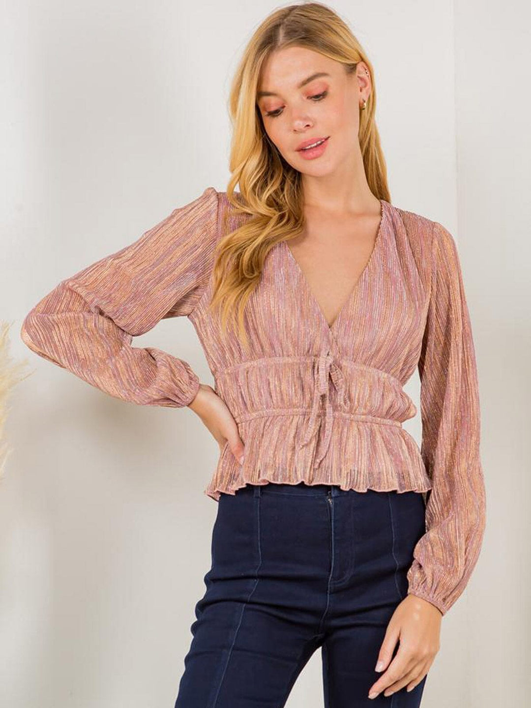 WOMEN'S LONG SLEEVE SURPLICE SHIMMER BLOUSE TOP