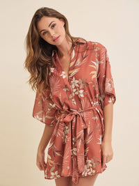 WOMEN'S SHORT SLEEVE BUTTON UP BELTED FRONT POCKETS FLORAL MINI DRESS