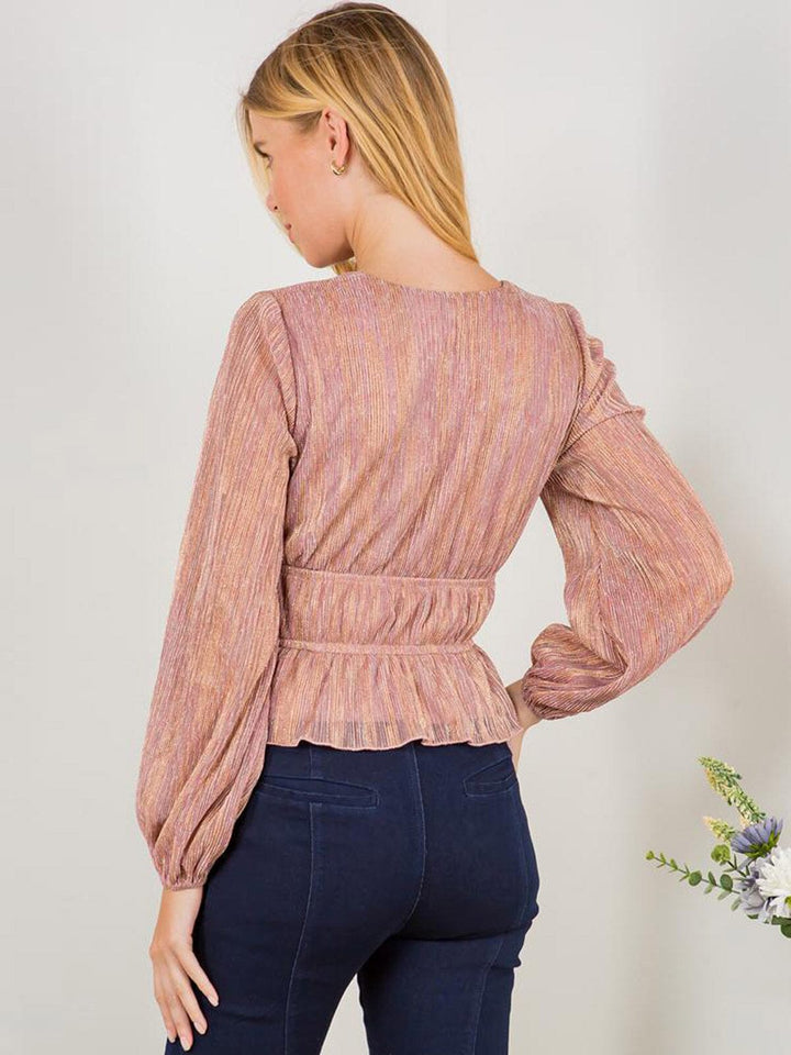 WOMEN'S LONG SLEEVE SURPLICE SHIMMER BLOUSE TOP