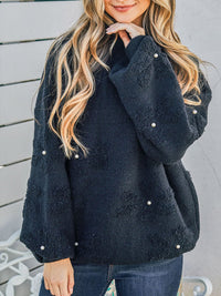 WOMEN'S LONG SLEEVE FLOWER PEARL PULLOVER SWEATER