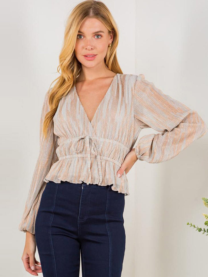 WOMEN'S LONG SLEEVE SURPLICE SHIMMER BLOUSE TOP