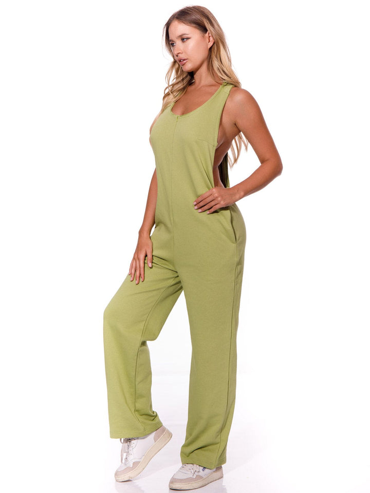 WOMEN'S SLEEVELESS ZIP UP POCKETS WIDE LEG OVERALL