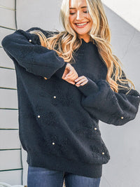 WOMEN'S LONG SLEEVE FLOWER PEARL PULLOVER SWEATER