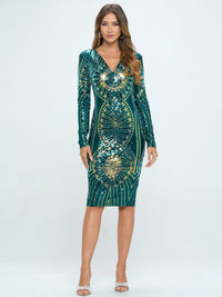 WOMEN'S LONG SLEEVE V-NECK BODYCON SEQUINS MIDI DRESS
