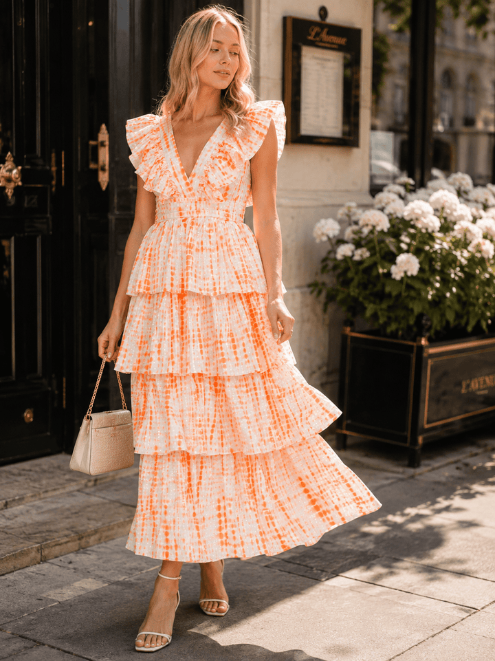 BEULAH WOMEN'S SLEEVELESS V-NECK MULTI PRINT RUFFLE TIERED MAXI DRESS