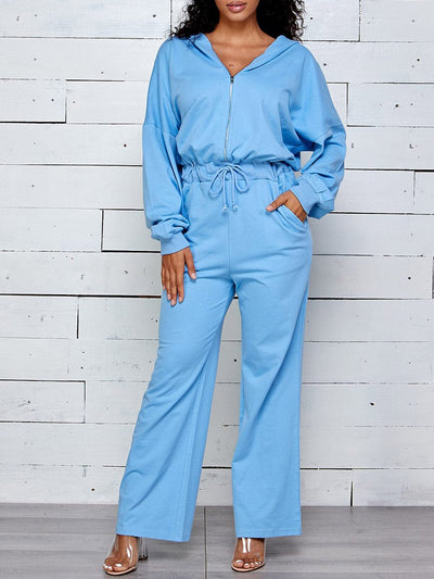 WOMEN'S LONG SLEEVE ZIP UP HOODED WIDE LEG JUMPSUIT