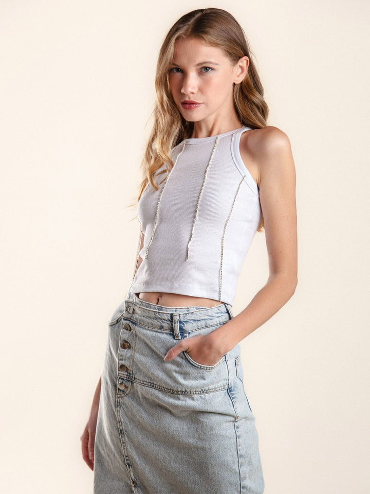 WOMEN'S SLEEVELESS TASSEL STUD DETAILED TANK TOP