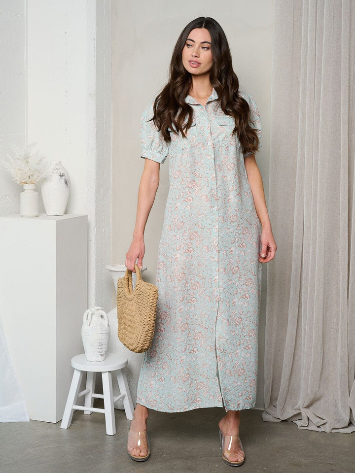 WOMEN'S SHORT SLEEVE BUTTON UP COLLAR FLORAL DETAILED MAXI DRESS