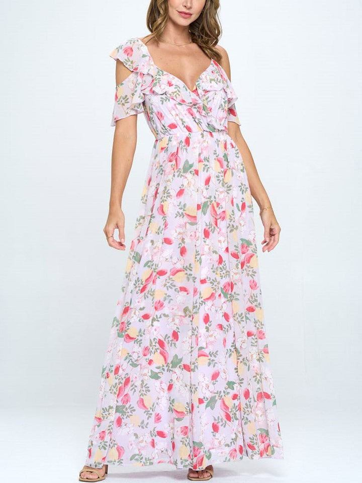 WOMEN'S COLD SHOULDER RUFFLE FLORAL MAXI DRESS