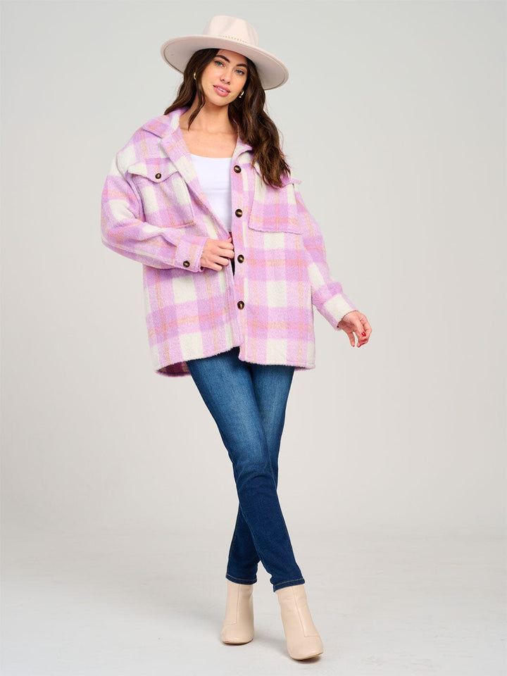 WOMEN'S LONG SLEEVE BUTTON UP FRONT POCKETS PLAID JACKET