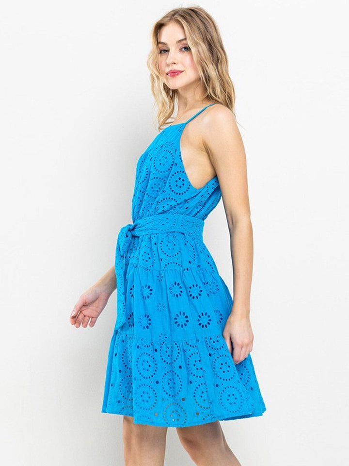WOMEN'S SLEEVELESS SELF TIE EYELET DETAILED MINI DRESS