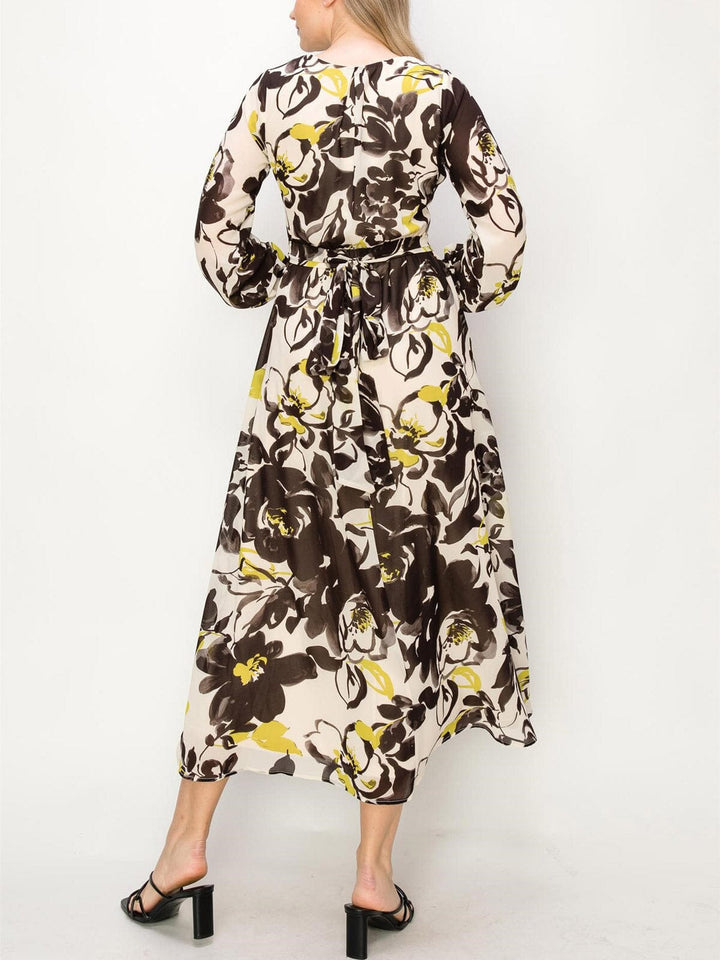 WOMEN'S LONG SLEEVE FLORAL PRINT SURPLICE MAXI DRESS