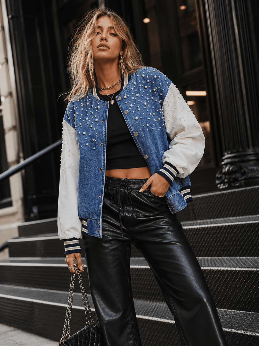 WOMEN'S LONG SLEEVE BUTTON UP FRONT POCKETS DENIM PEARL JACKET