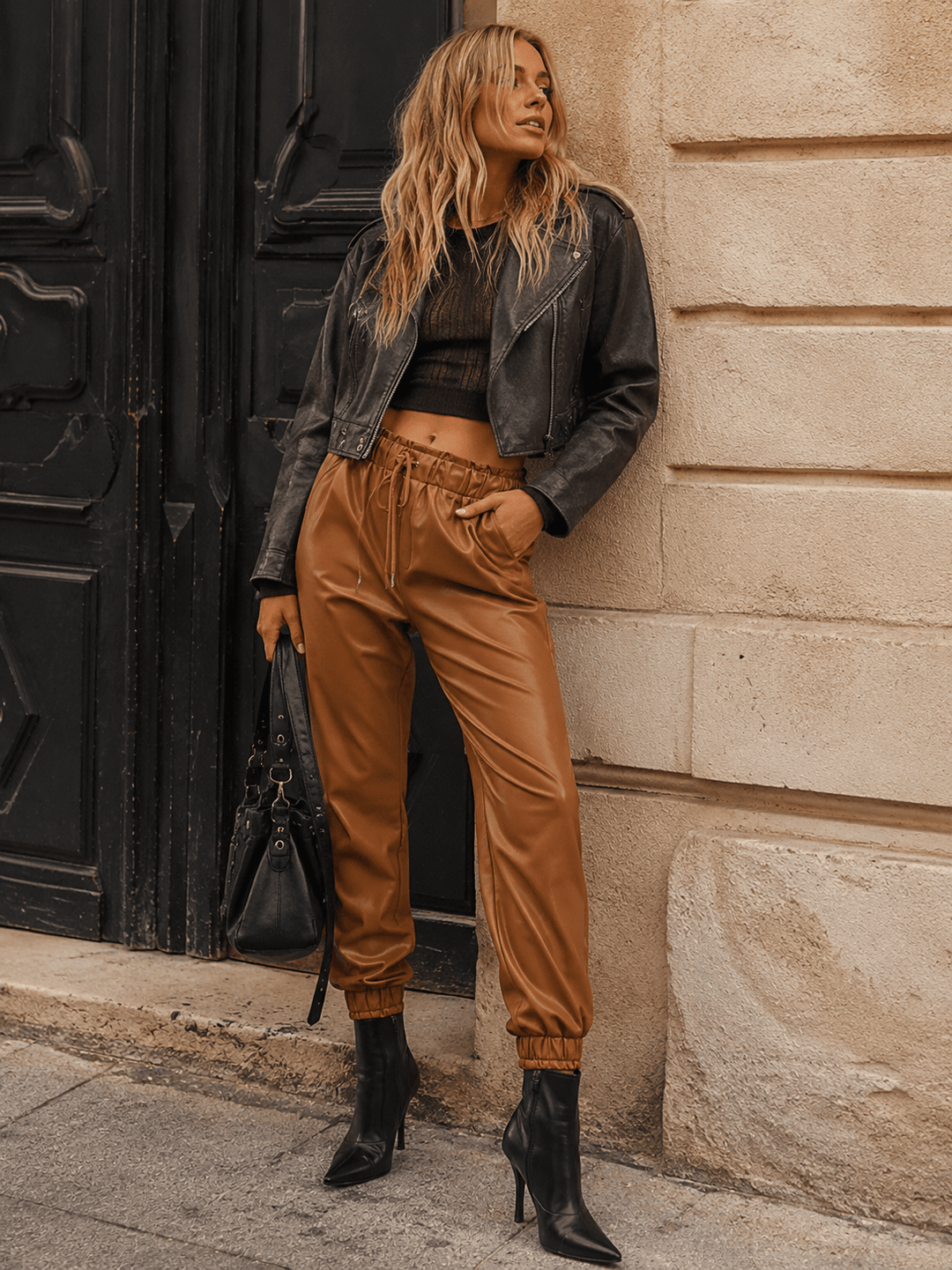 WOMEN'S ELASTIC WAIST FRONT POCKETS JOGGER LEG PU PLEATHER PANTS