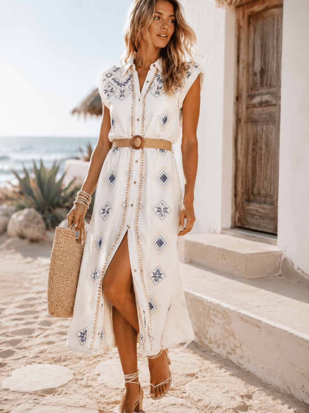 WOMEN'S SHORT SLEEVES BUTTON UP BELTED STITCHED DETAILED LINEN MIDI DRESS