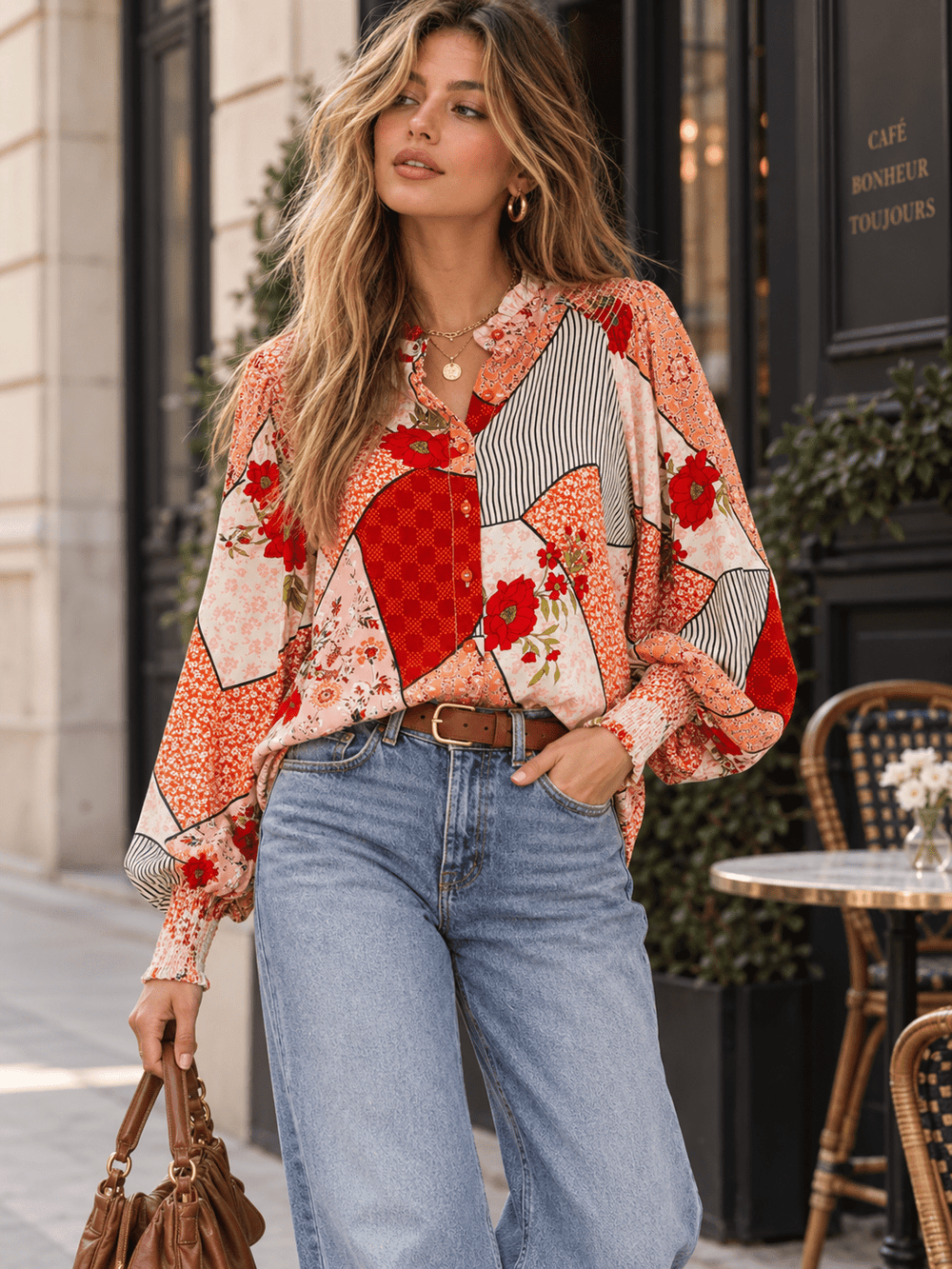 WOMEN'S LONG SLEEVE BUTTON UP MULTI FLORAL BLOUSE