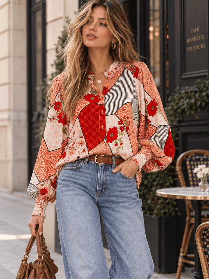 WOMEN'S LONG SLEEVE BUTTON UP MULTI FLORAL BLOUSE