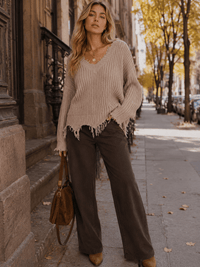 WOMEN'S LONG SLEEVE V-NECK DISTRESS PULLOVER KNIT SWEATERS