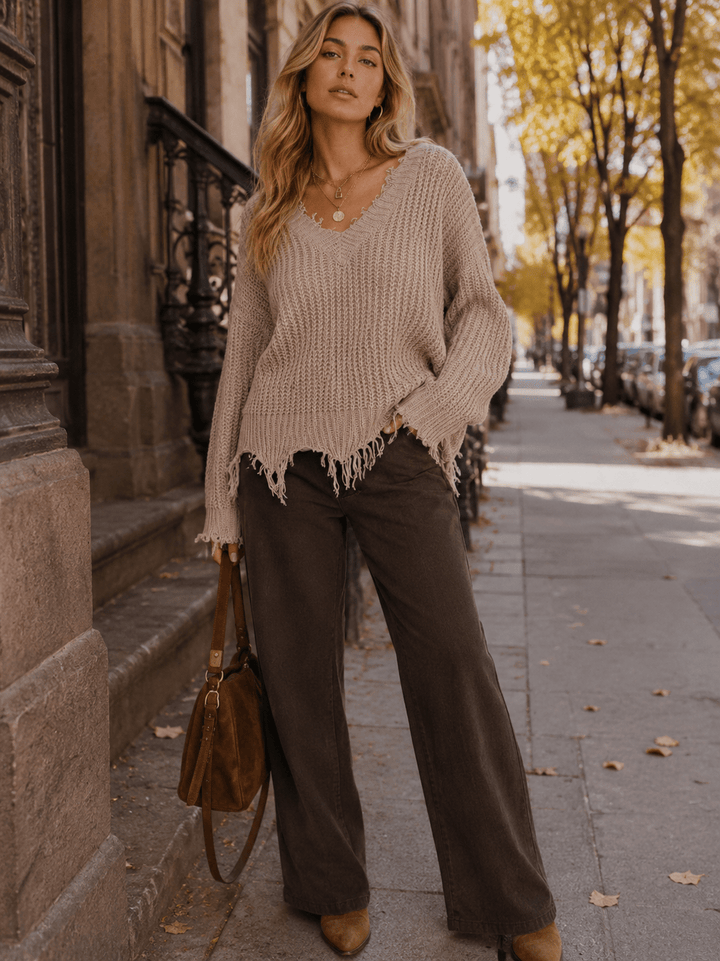 WOMEN'S LONG SLEEVE V-NECK DISTRESS PULLOVER KNIT SWEATERS